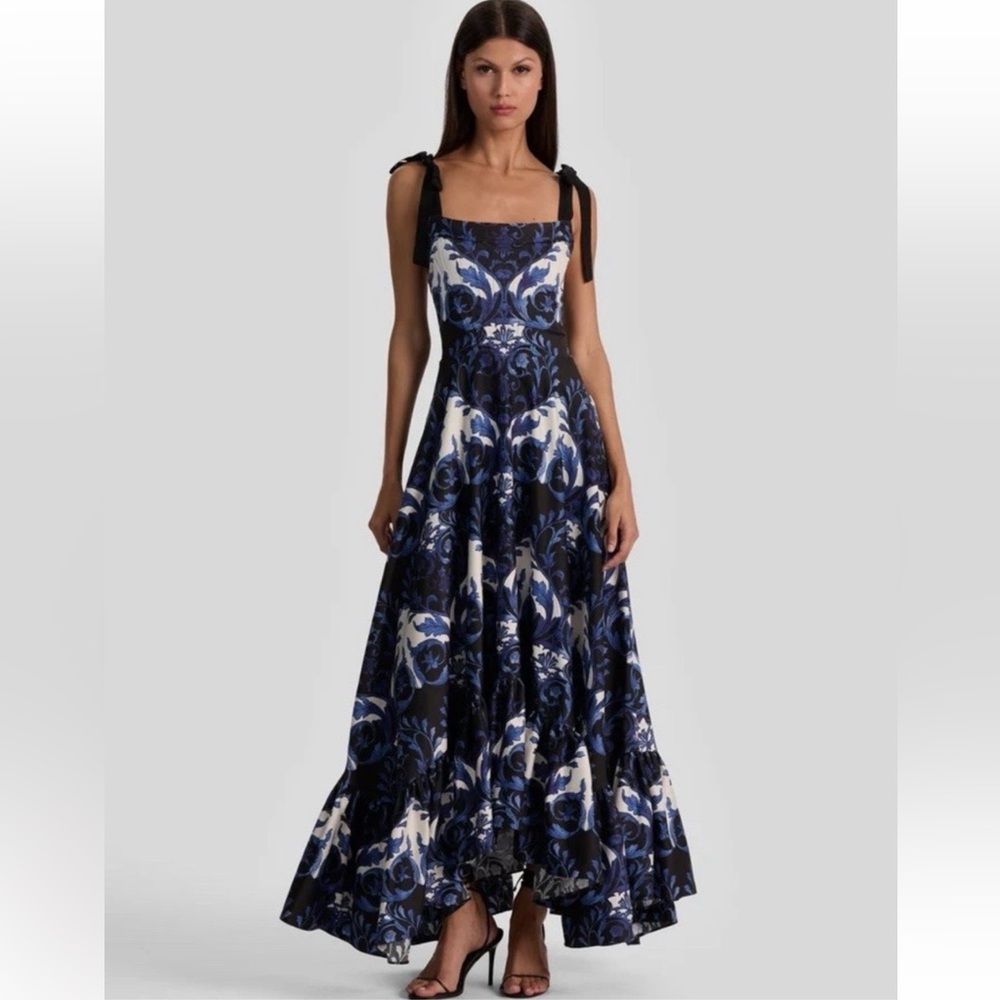 Alice and Olivia Navy Floral Tie-Shoulder Maxi Dress
